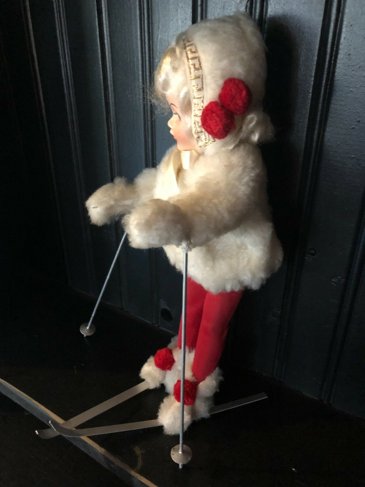 Porcelain Doll  White Fur Coat  12" Tall with Skis and polls
