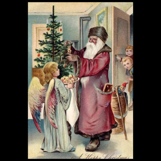 Purple Robed Santa Claus with Angel Vintage Christmas Postcard