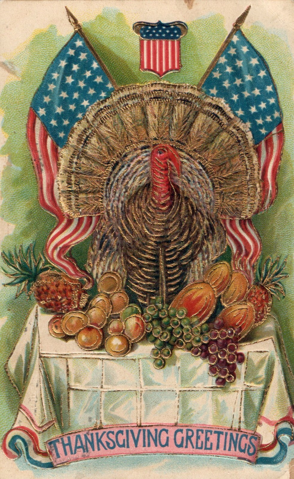 Patriotic Gold Gilt Turkey on Table with Fruit Two Flags Thanksgiving Postcard