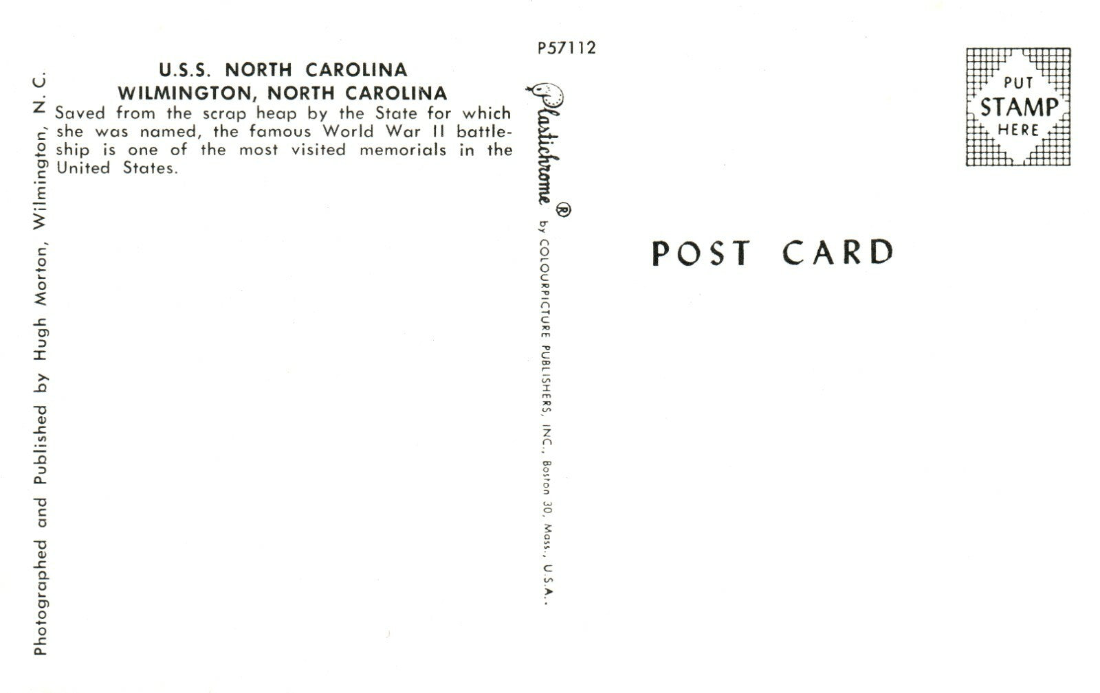 USS North Carolina WWII Battleship Wilmington NC P57112 Ship Militaria Postcard