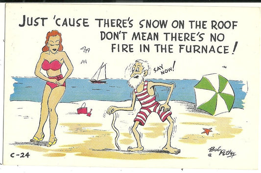 Bikini Beach Babe Old Man Umbrella Artist Signed Bob Petley Comic Postcard C-24