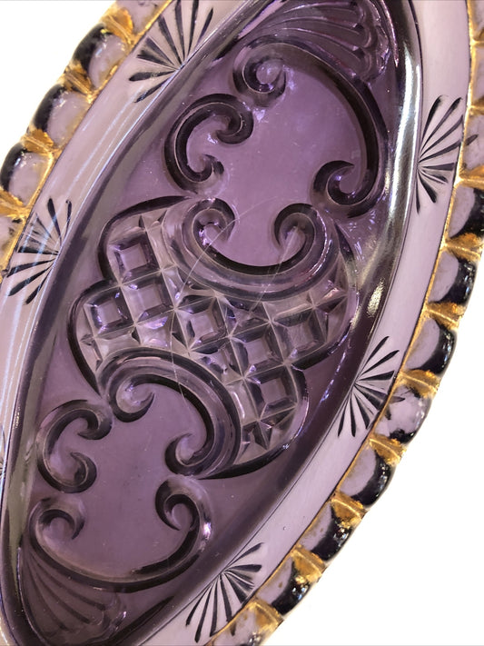 Rare vintage Amethyst Pickle Dish Pressed Glass Scalloped Gold Edging