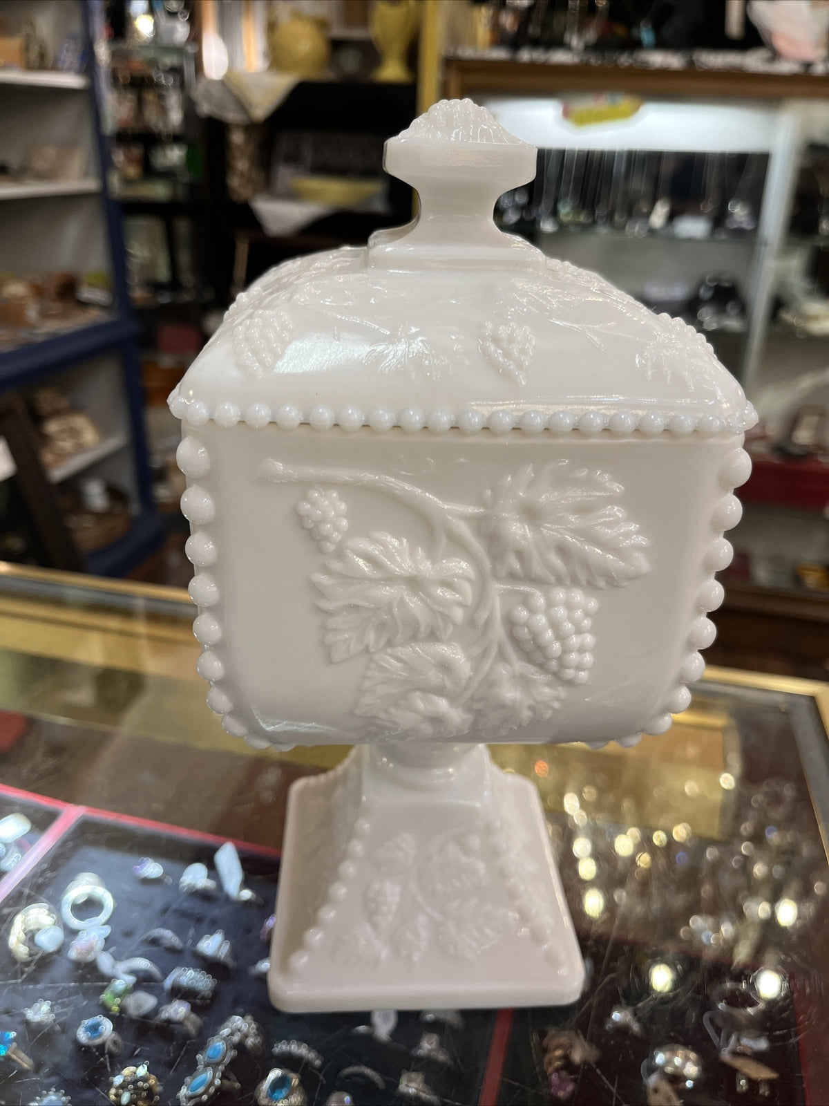 Vintage Westmoreland Milk Glass Pedestal Lidded Candy Dish w/Grape Leaf Design