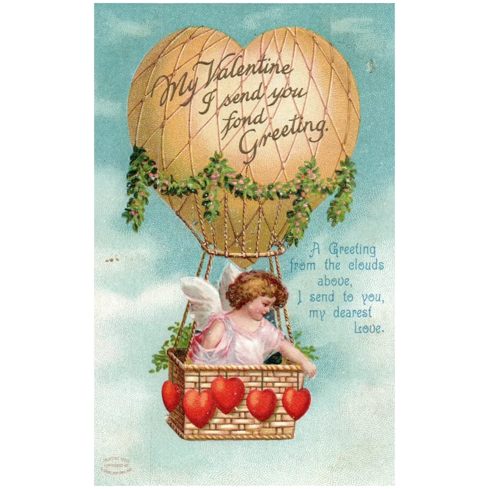 My Valentine I Send You Fond Greetings Cherub in Airballoon Vintage Val Postcard