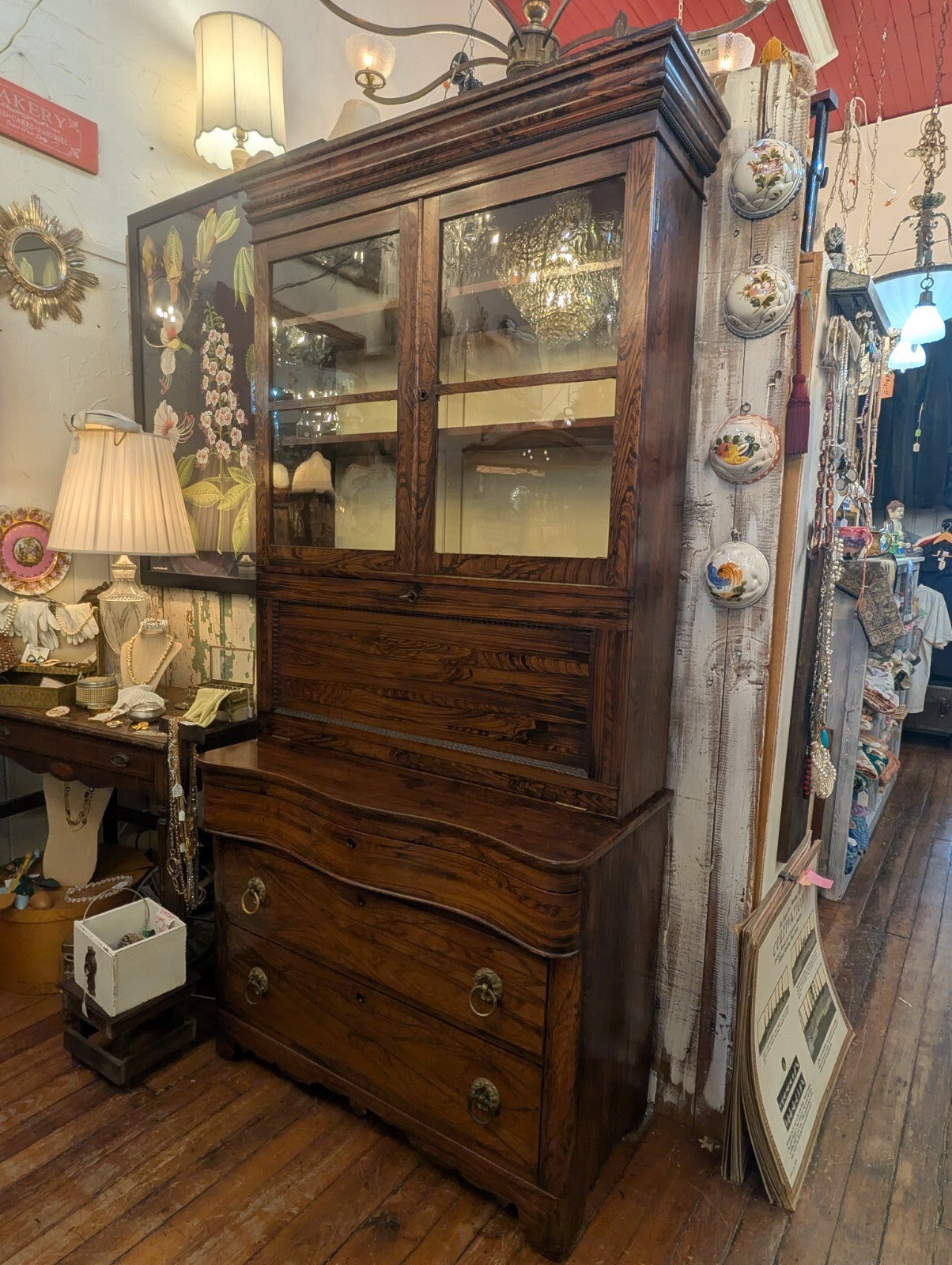 Victorian Antique Rosewood Grained Walnut Secretary Desk & Bookcase