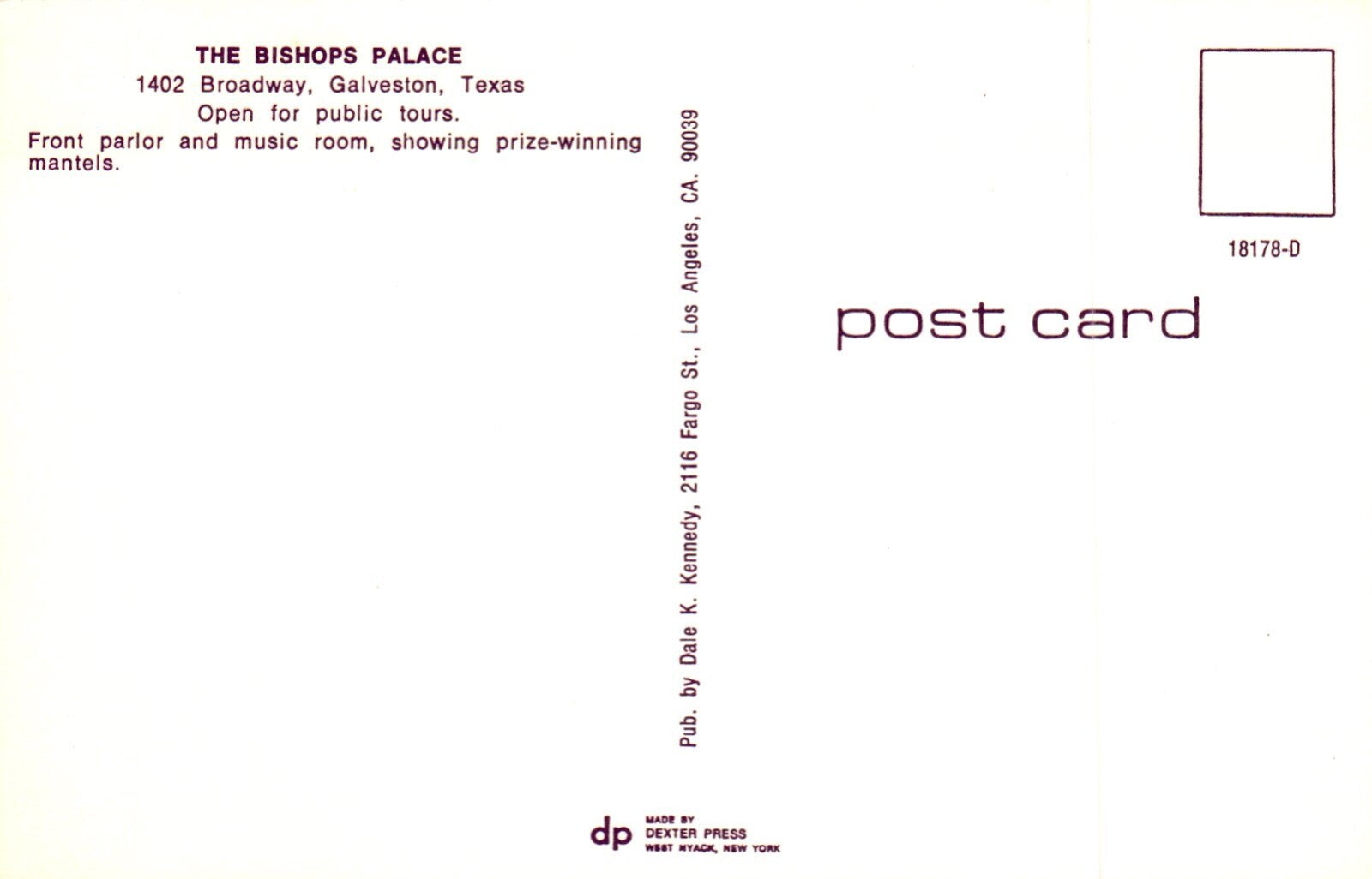 Front Parlor Room of The Bishops Palace in Galveston Tex Texas TX Postcard