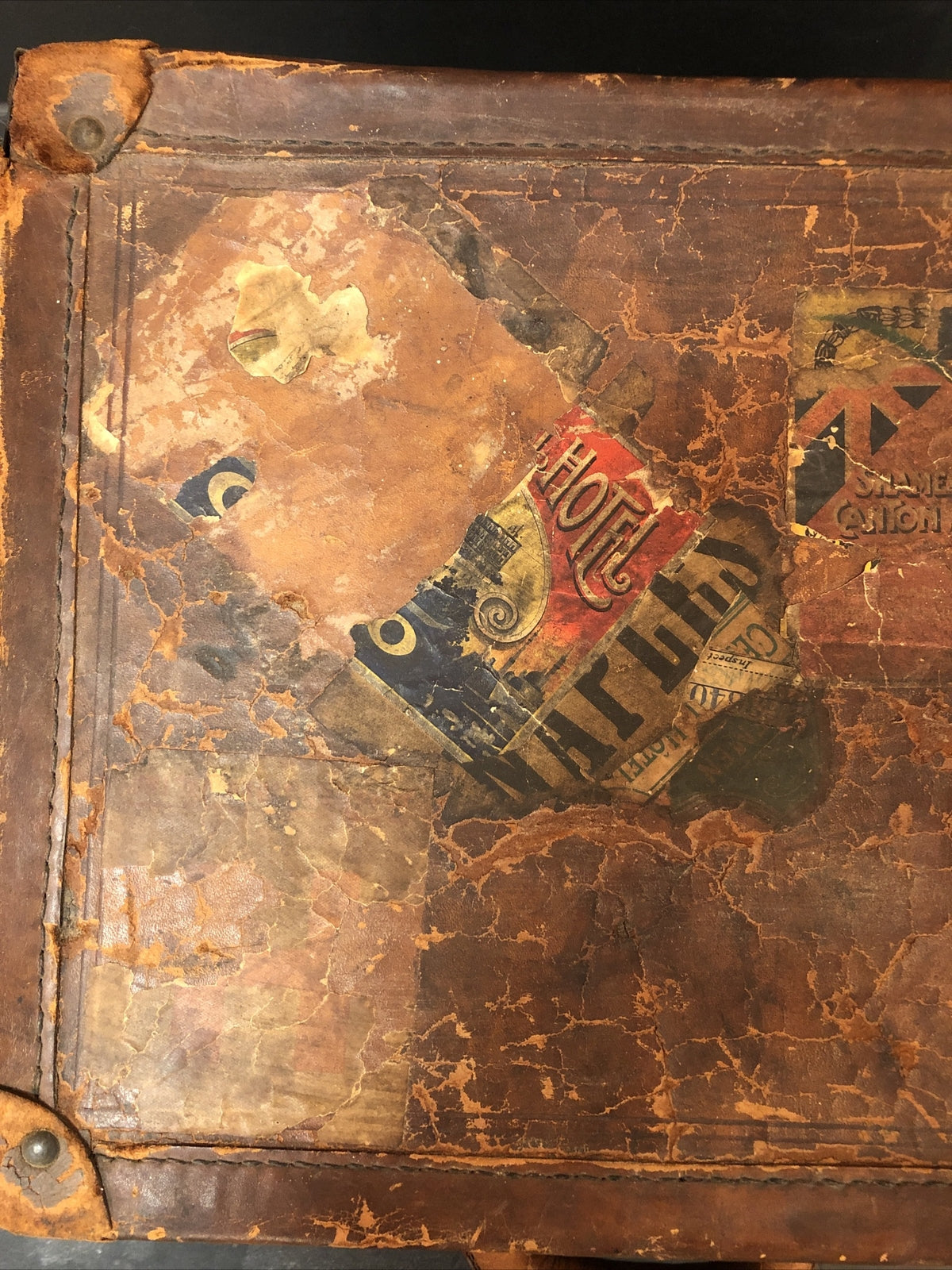 Antique Leather Hat Box silk lined International Hotel stamps stickers Japan