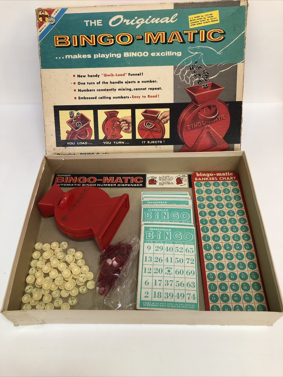 Vintage original TRANSOGRAM BINGO-MATIC GAME WITH RED QUICK-LOAD FUNNEL 