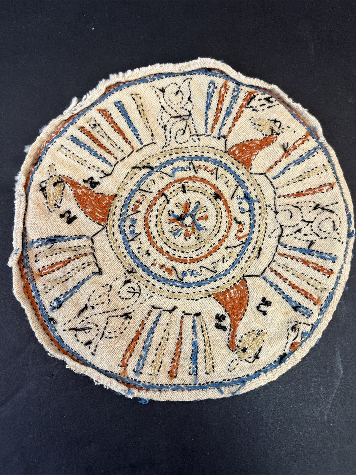 Small Vintage Needlepoint Throw Pillow Tops Blue, Rust & Tan Round MCM Vintage