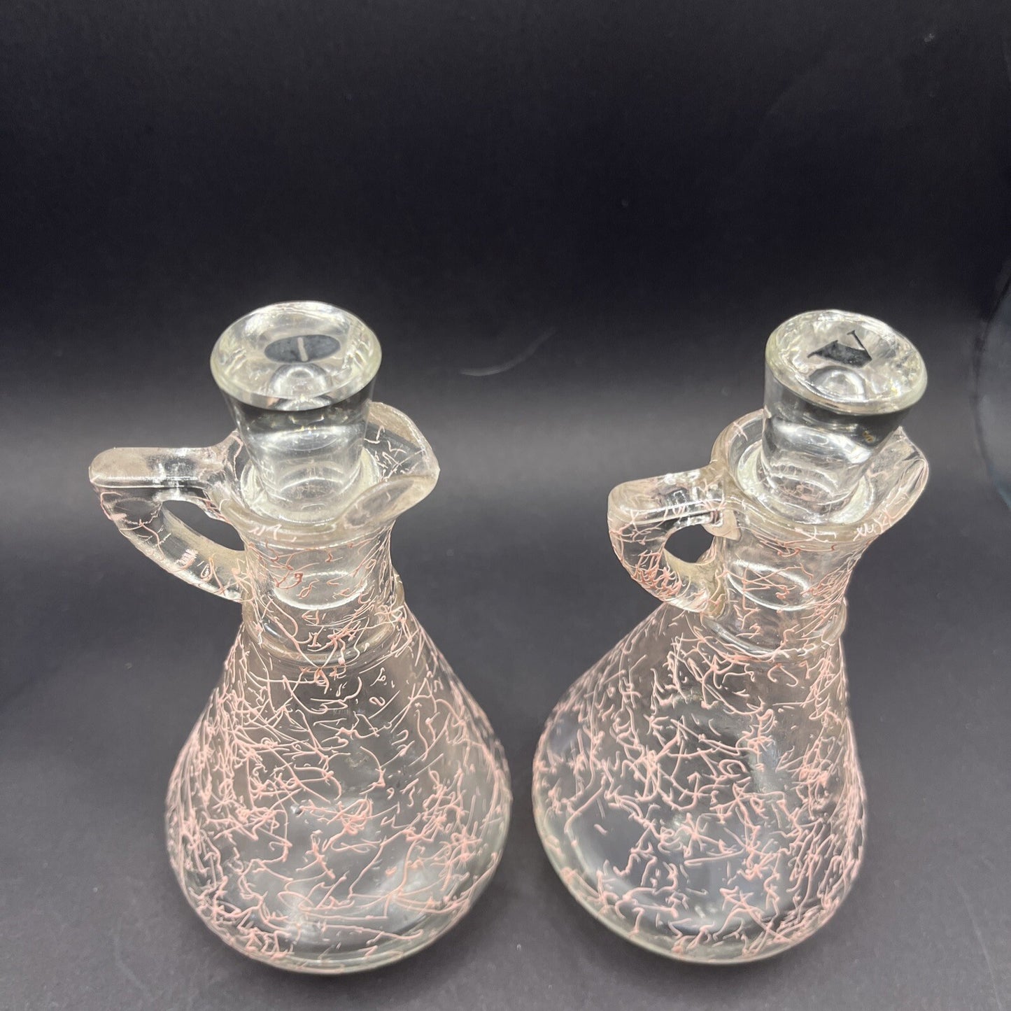 Rare 1950's Heisey Spider Web Pink Oil & Vinegar Bottles