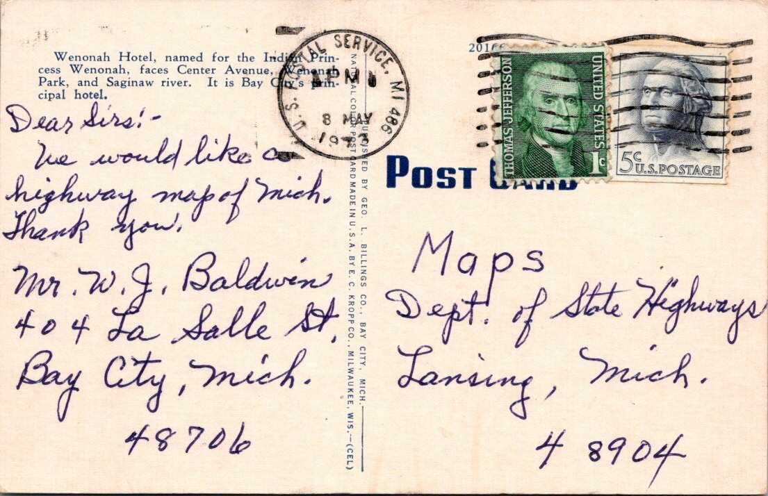 Wenonah Hotel Bay City Michigan -2 MI Mich Postcard
