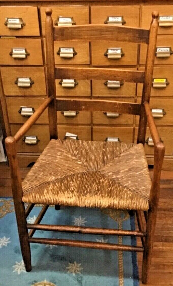 Antique Wood Shaker Ladder Back Rush Seat Arm Chair