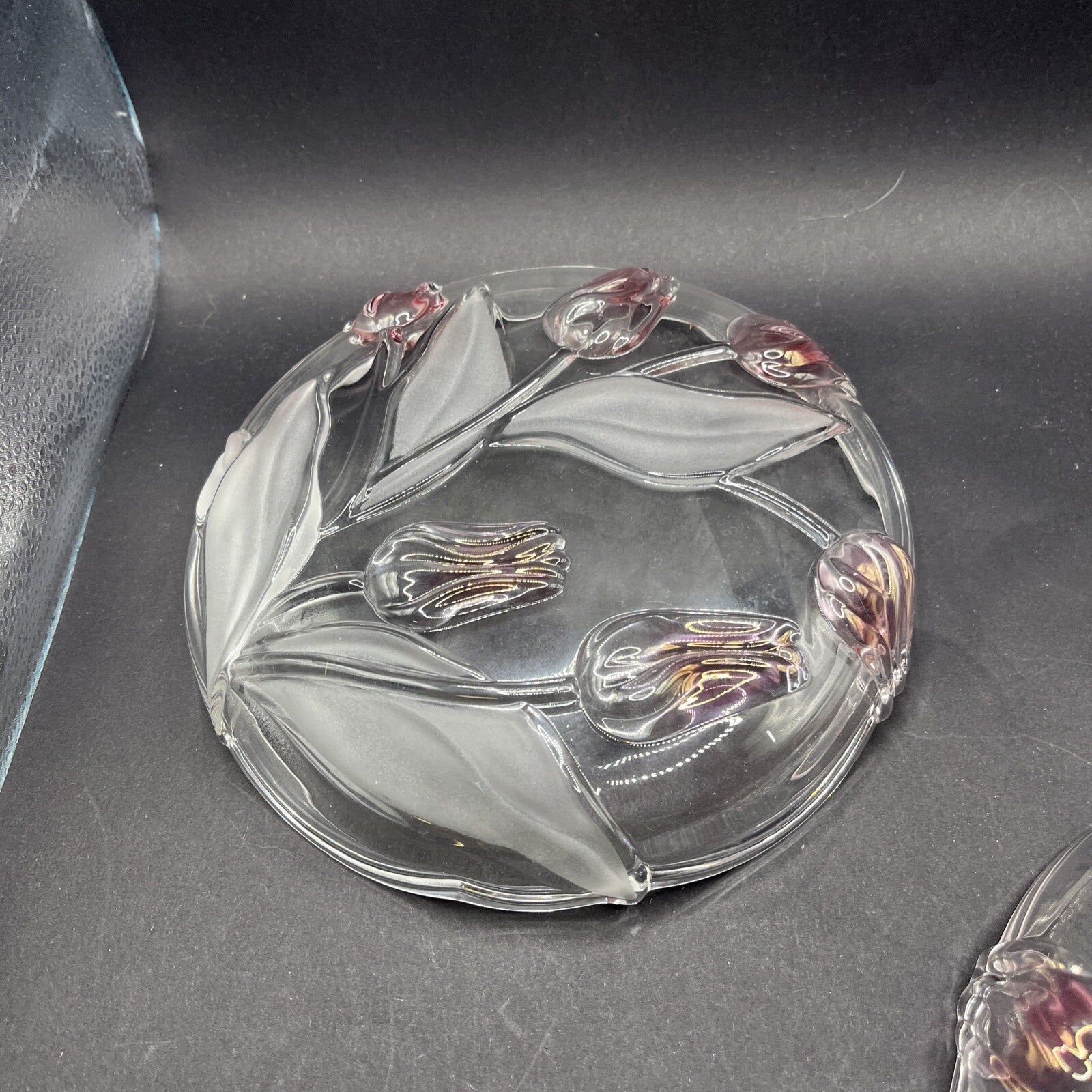 Mikasa 2 Crystal Clear Glass Tivoli Tulips 7" Candy Dish Bowl Green Red