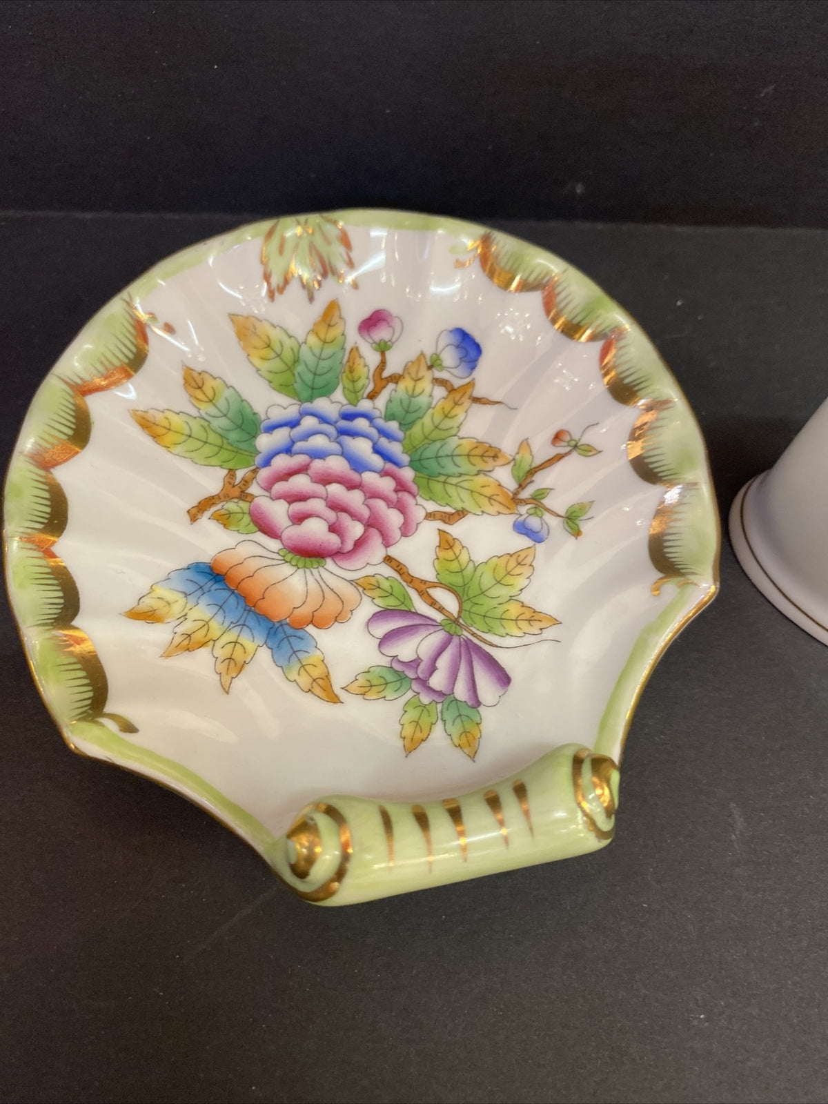 Lot of 2 Herend Queen Victoria Peony Shell Dish Hungary Toothpick Holder 1839