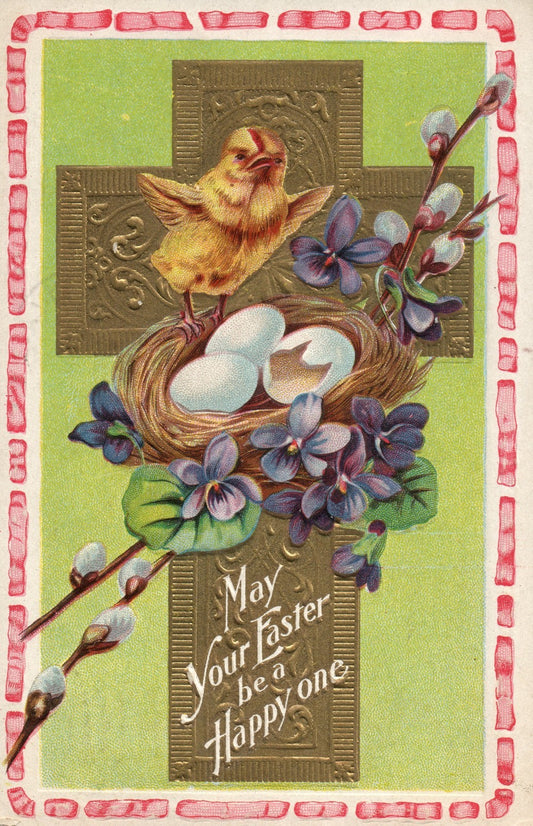 Cold Metallic Cross Broken Egg Chick Spreading Wings Easter Greetings Postcard