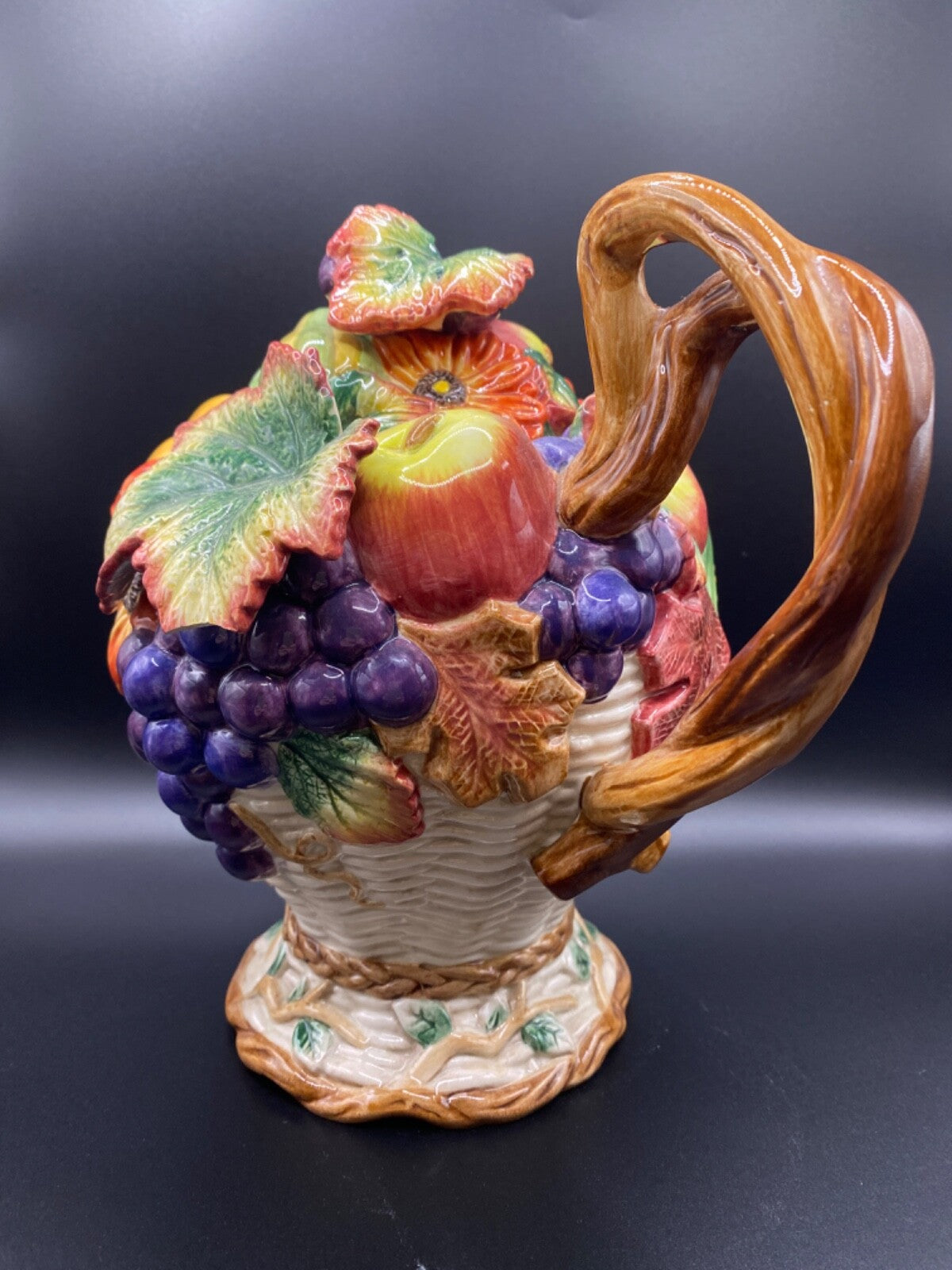 Vintage Fitz And Floyd Harvest Fall Ceramic Pumpkin Grapes Leaf Teapot  1997