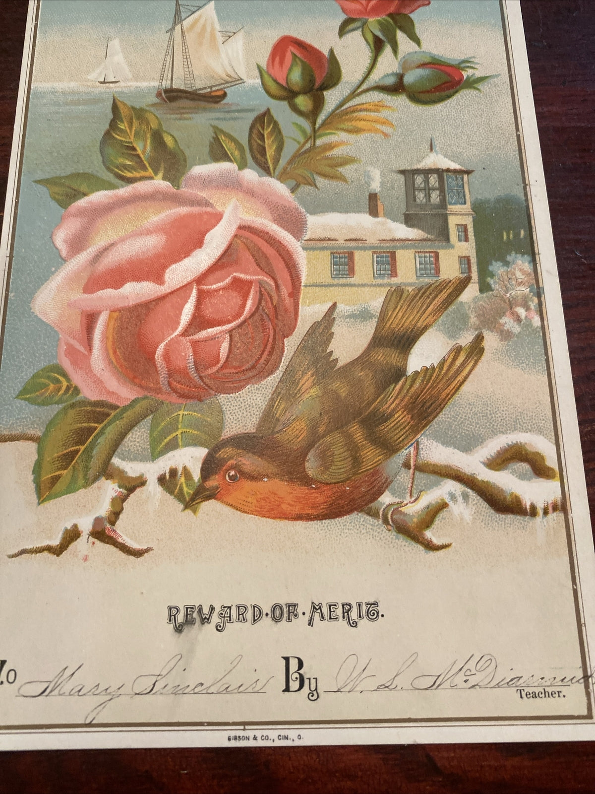 Reward of merit Vintage Victorian School Ephemera  Gibson & Co Bird Rose
