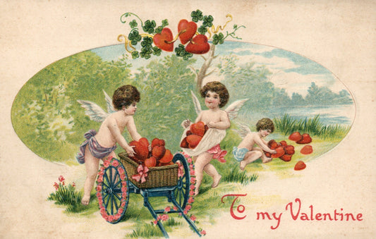 Cupids Carrying Hearts To A Basket on Wagon by Lake No 109 Valentine Postcard