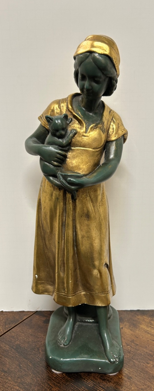Vintage Girl with Cat by Gebroeders Van Paridon Vintage Sculpture Girl Animal