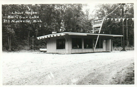 1960 Real photo Gun Lake Middleville Chuck Wagon Drive Inn MI Michigan Postcard