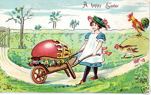 Wheel Barrel Large egg girl Easter Embossed Postcard 