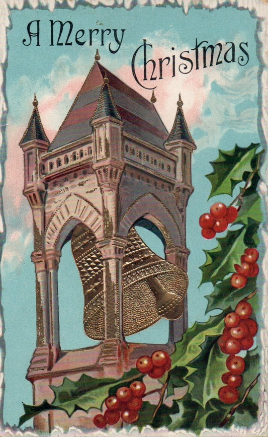 Church Bell Tower Gold Gilt Gel A Merry Christmas vintage Postcard Series 1244