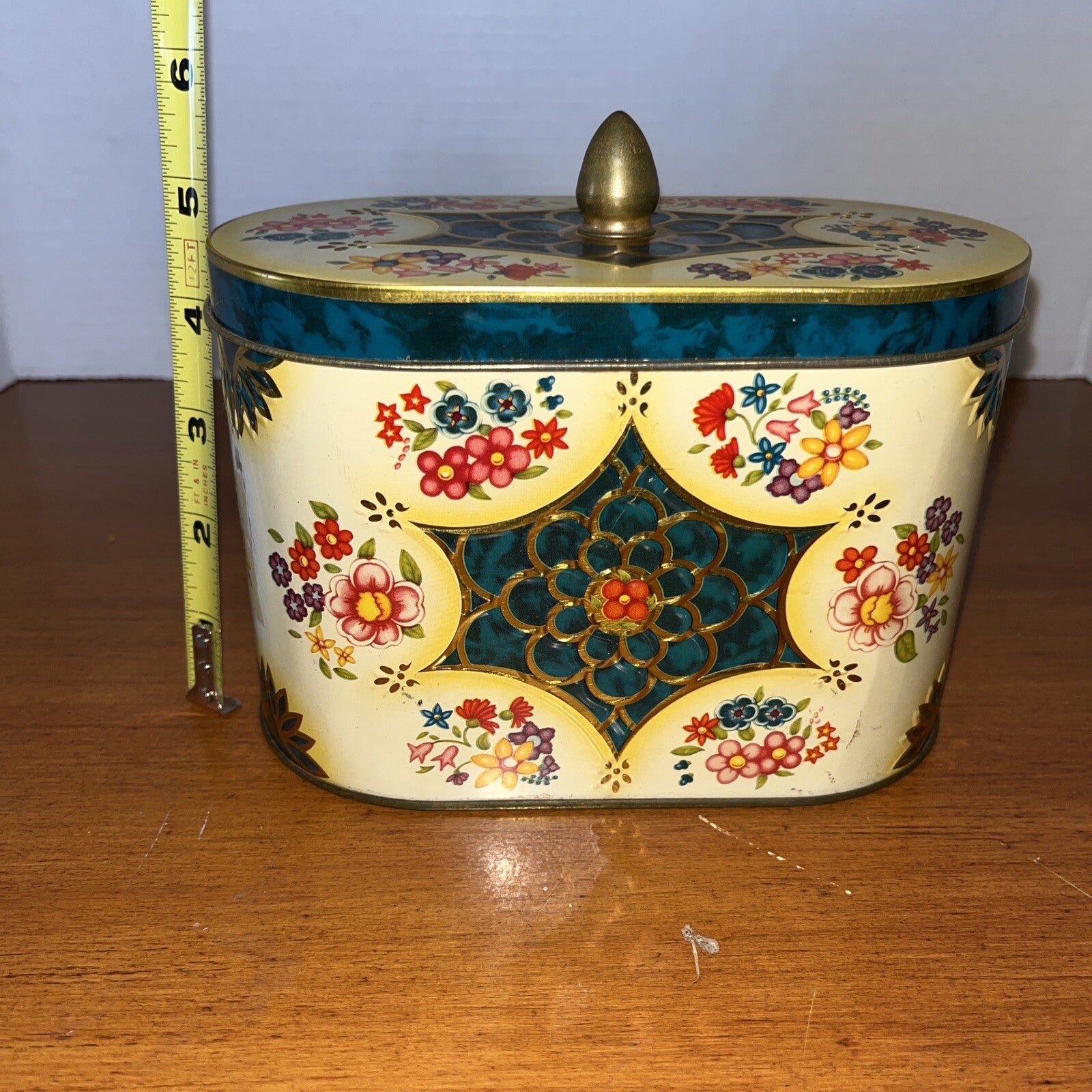 Vintage Oval Blue Green Yellow Metal Candy Tin Wild Flowers 5" High