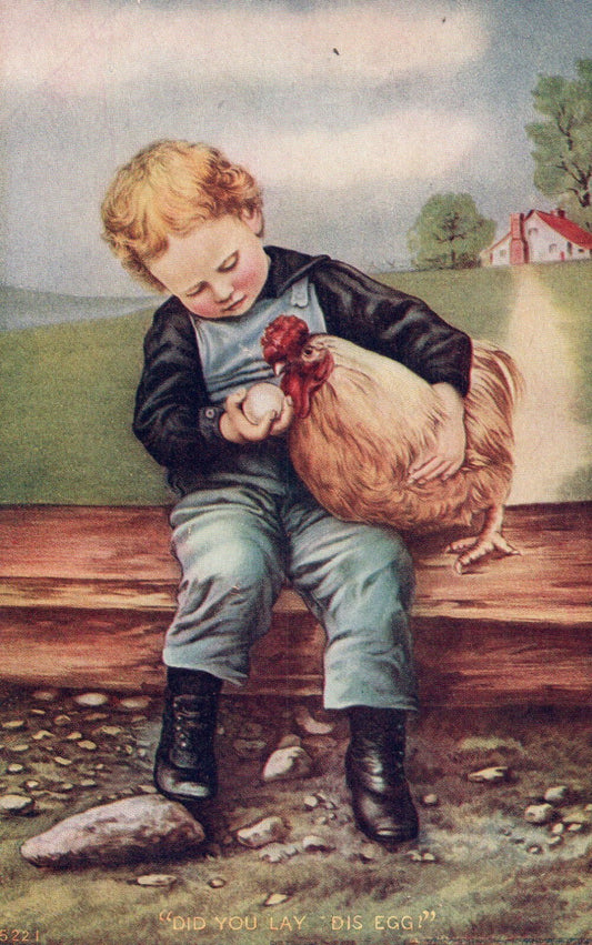 Boy with Egg and Hen "did you lay dis egg" Vintage Easter Postcard