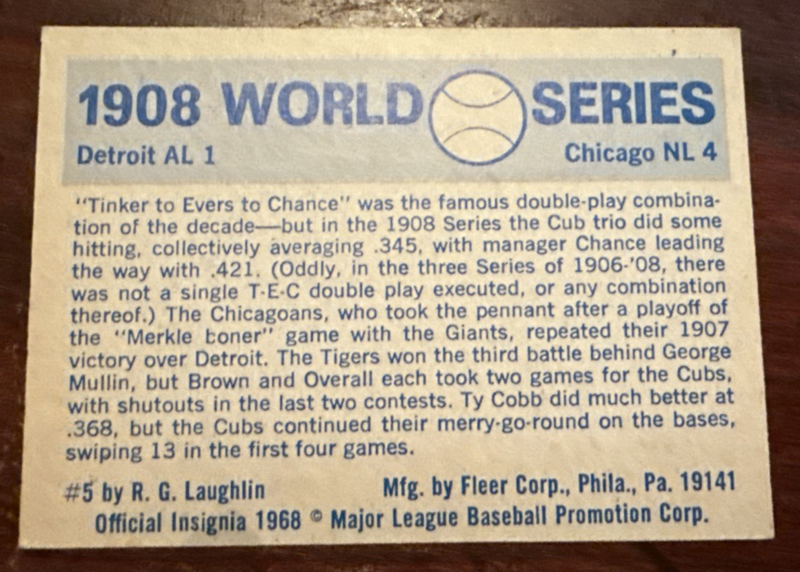 1968 Fleer Cubs Vs Tigers x 1908 World Series Baseball card
