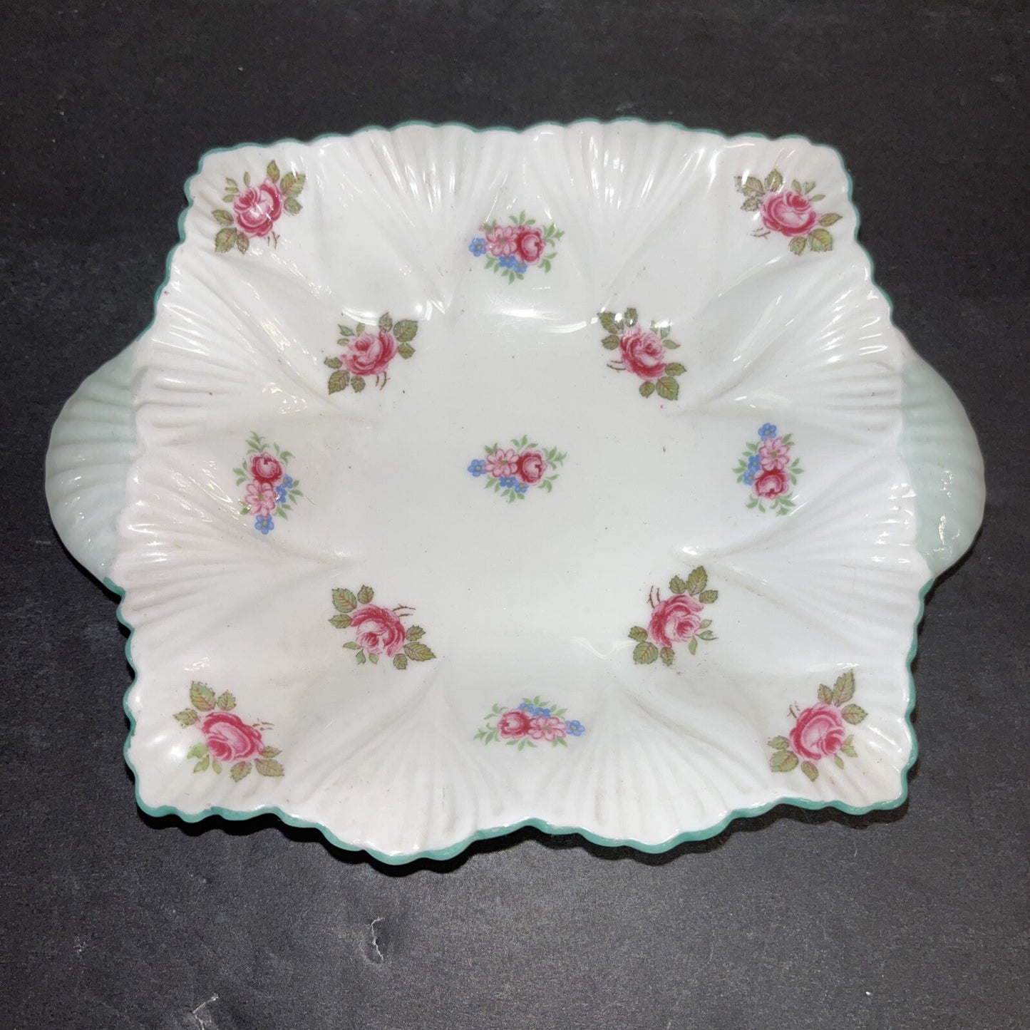 Shelley England Pink/sage Green Floral Bone China Trinket Dish  or Pin Tray