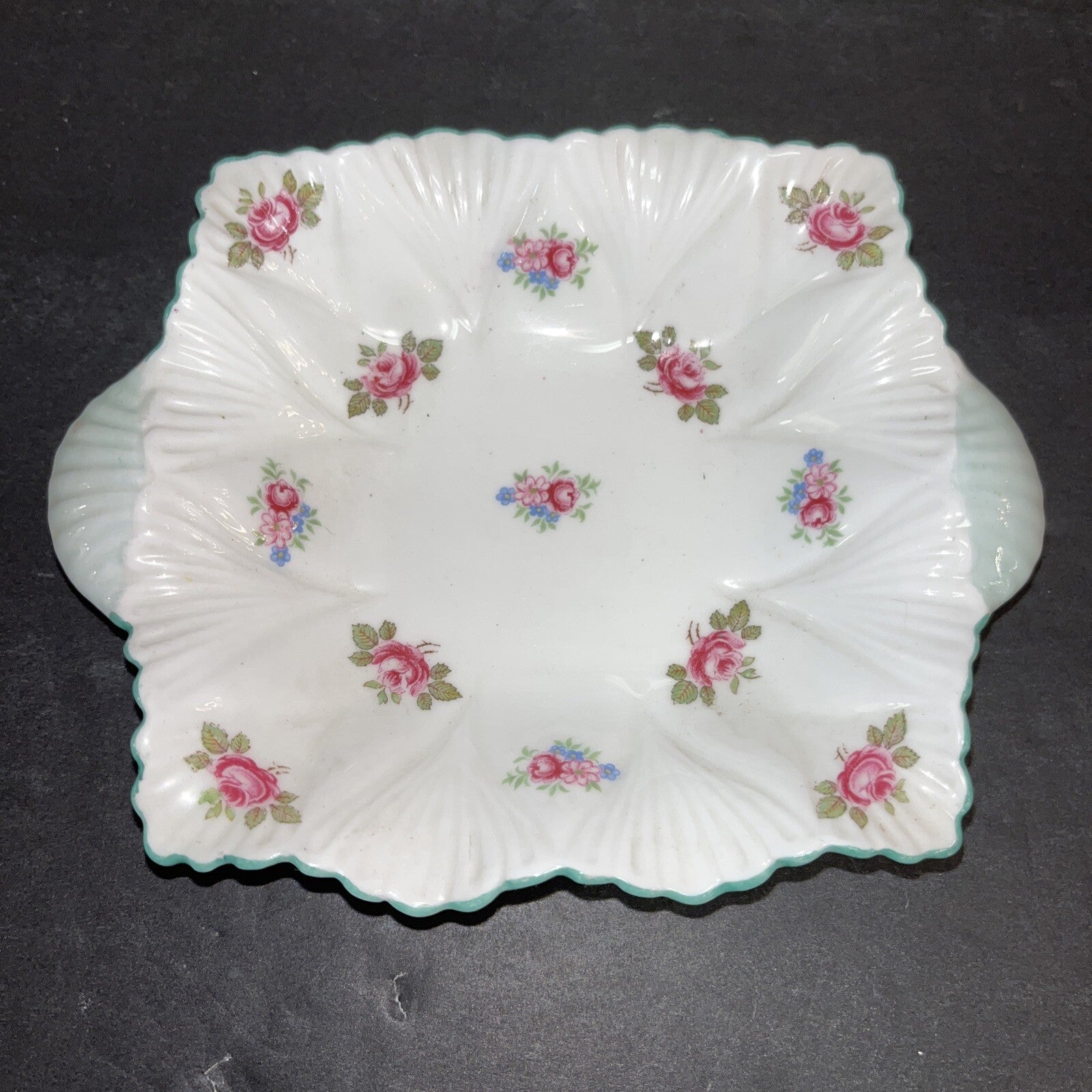Shelley England Pink/sage Green Floral Bone China Trinket Dish  or Pin Tray