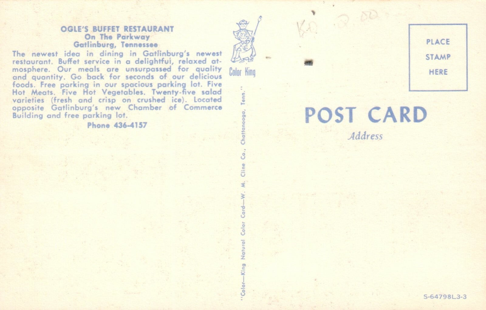 Ogle Buffet on The Parkway Gatlinburg Tennessee TN Restaurant Postcard