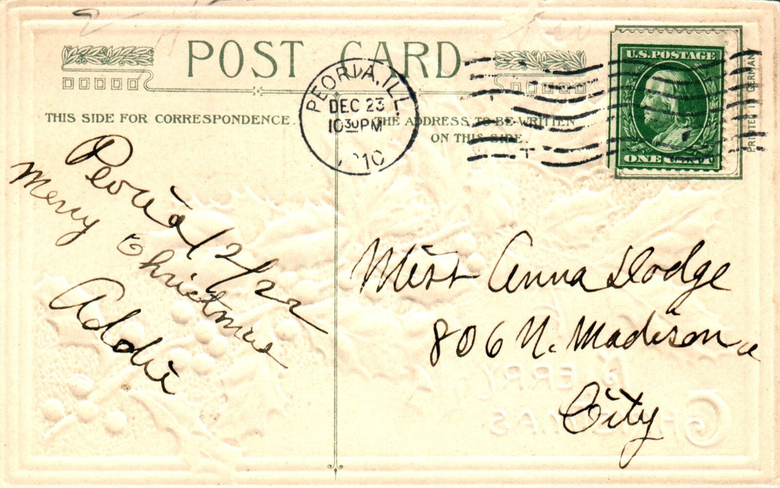 John Winsch A Merry Christmas Gold Embossed Holly & Snowy Homes Vintage Postcard