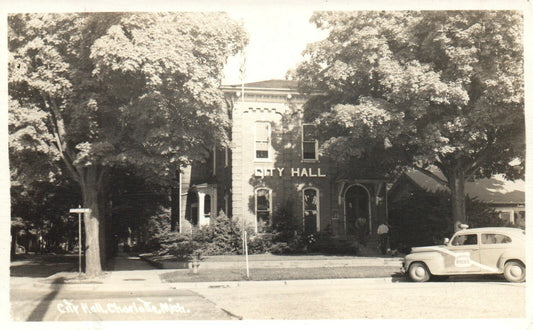 Real Photo City Hall Charlotte Old Police Car Michigan Mich MI Postcard