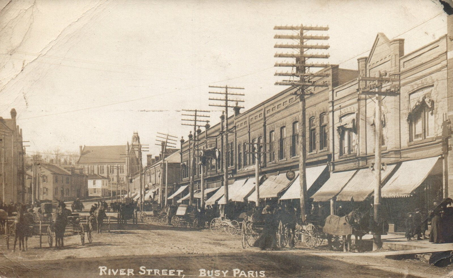 1900's Real Photo River Street Busy Paris French France Postcard Horse Buggies
