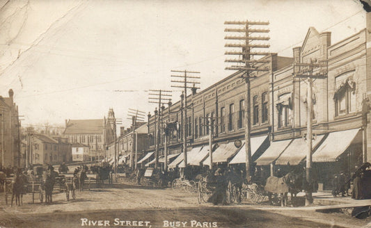 1900's Real Photo River Street Busy Paris French France Postcard Horse Buggies