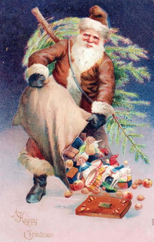 A Happy Christmas Santa With Bag of Toys For Children Vintage Santa Postcard