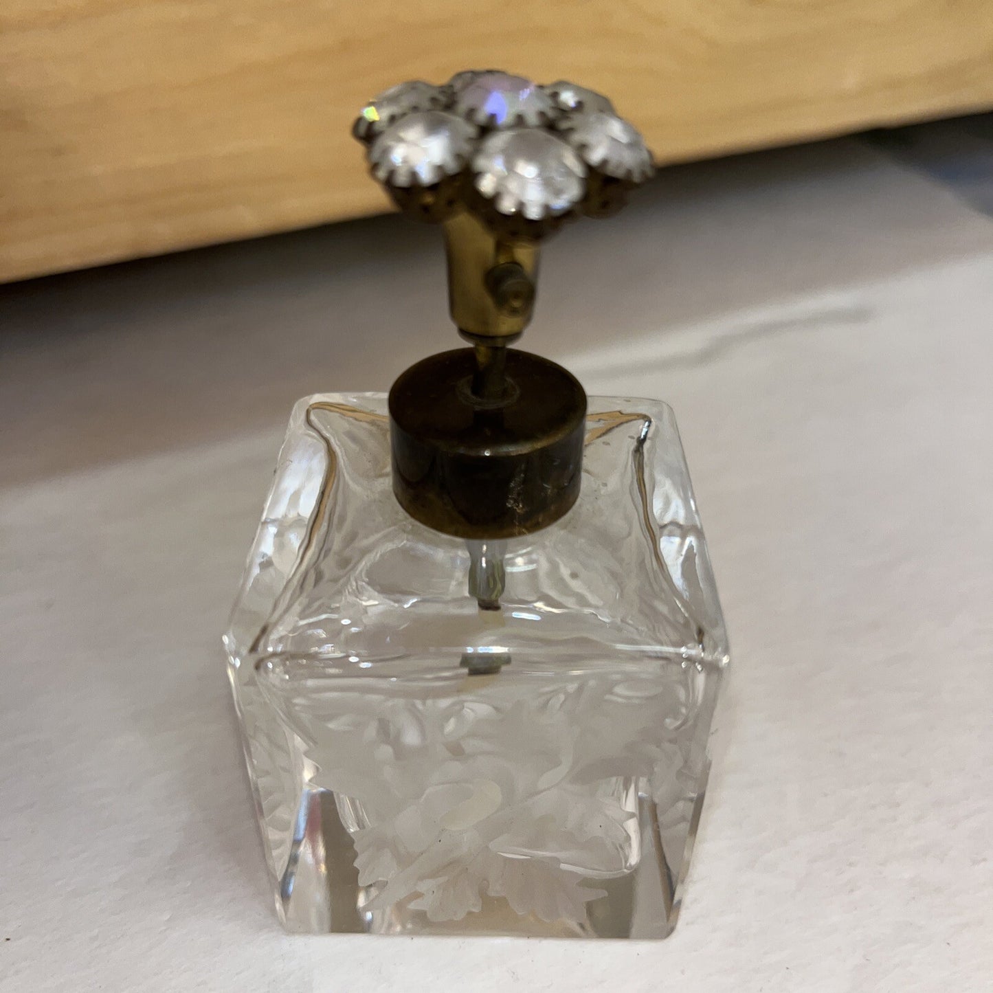 Perfume Bottle Vintage Art Glass, Floral Cut Glass Top, West Germany