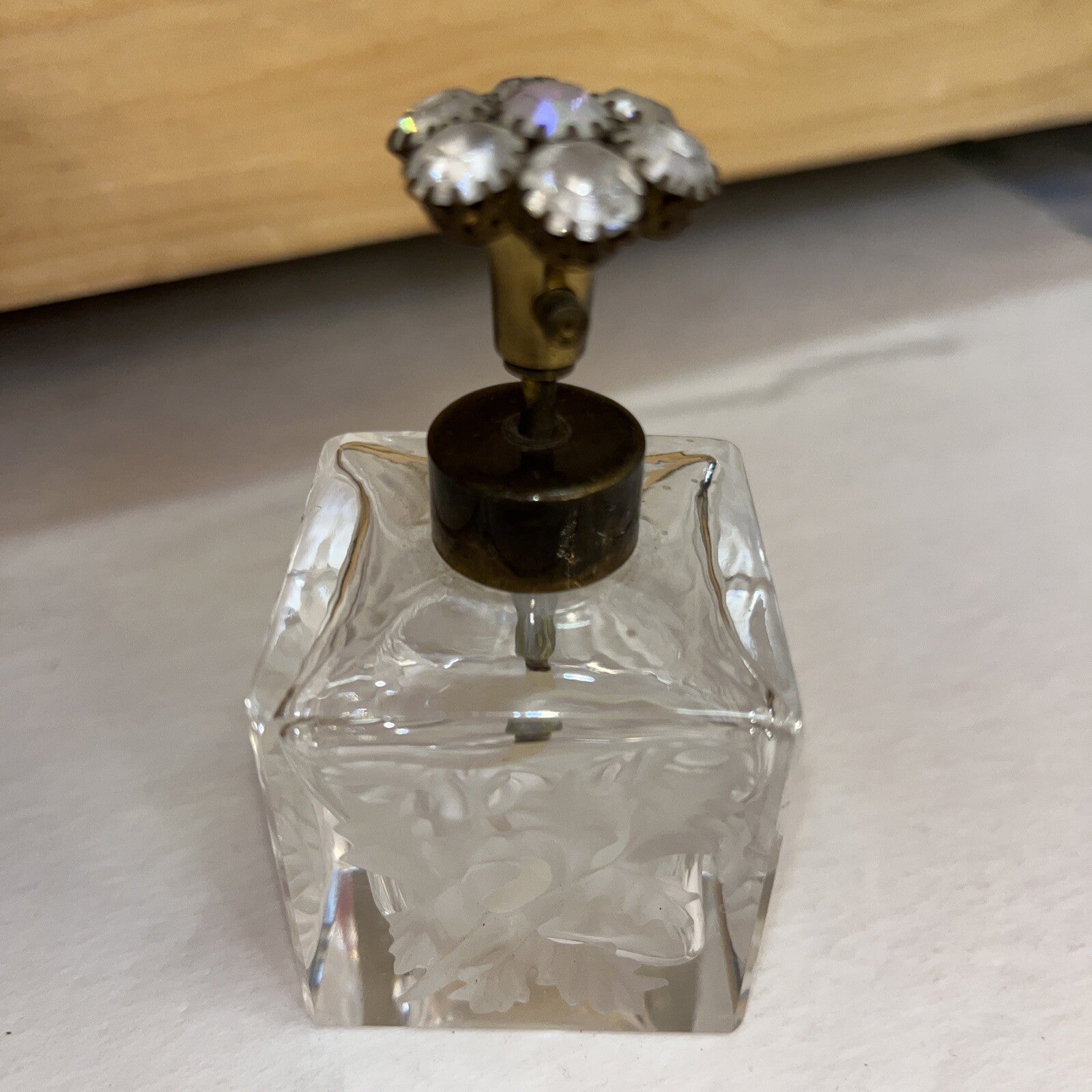 Perfume Bottle Vintage Art Glass, Floral Cut Glass Top, West Germany