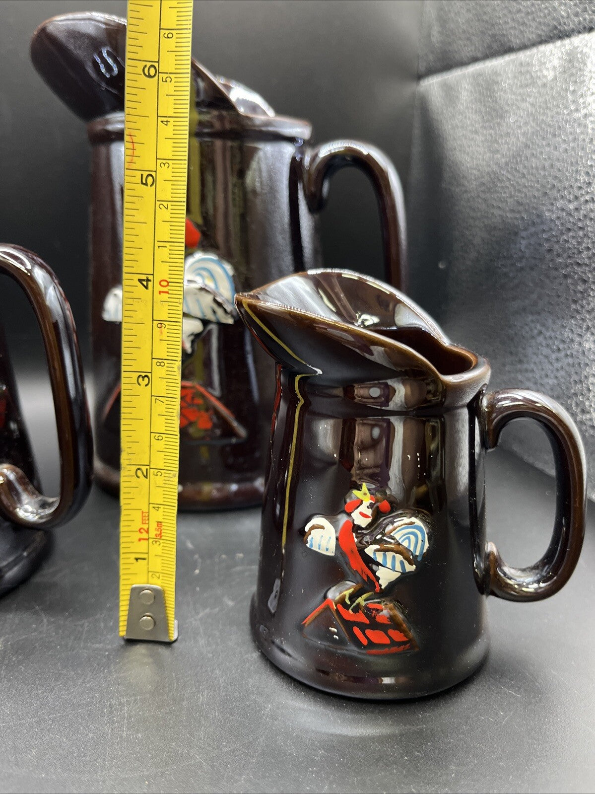 Unbranded Pair Iridescent Brown Hand Painted Embossed Rooster Pottery Pitchers