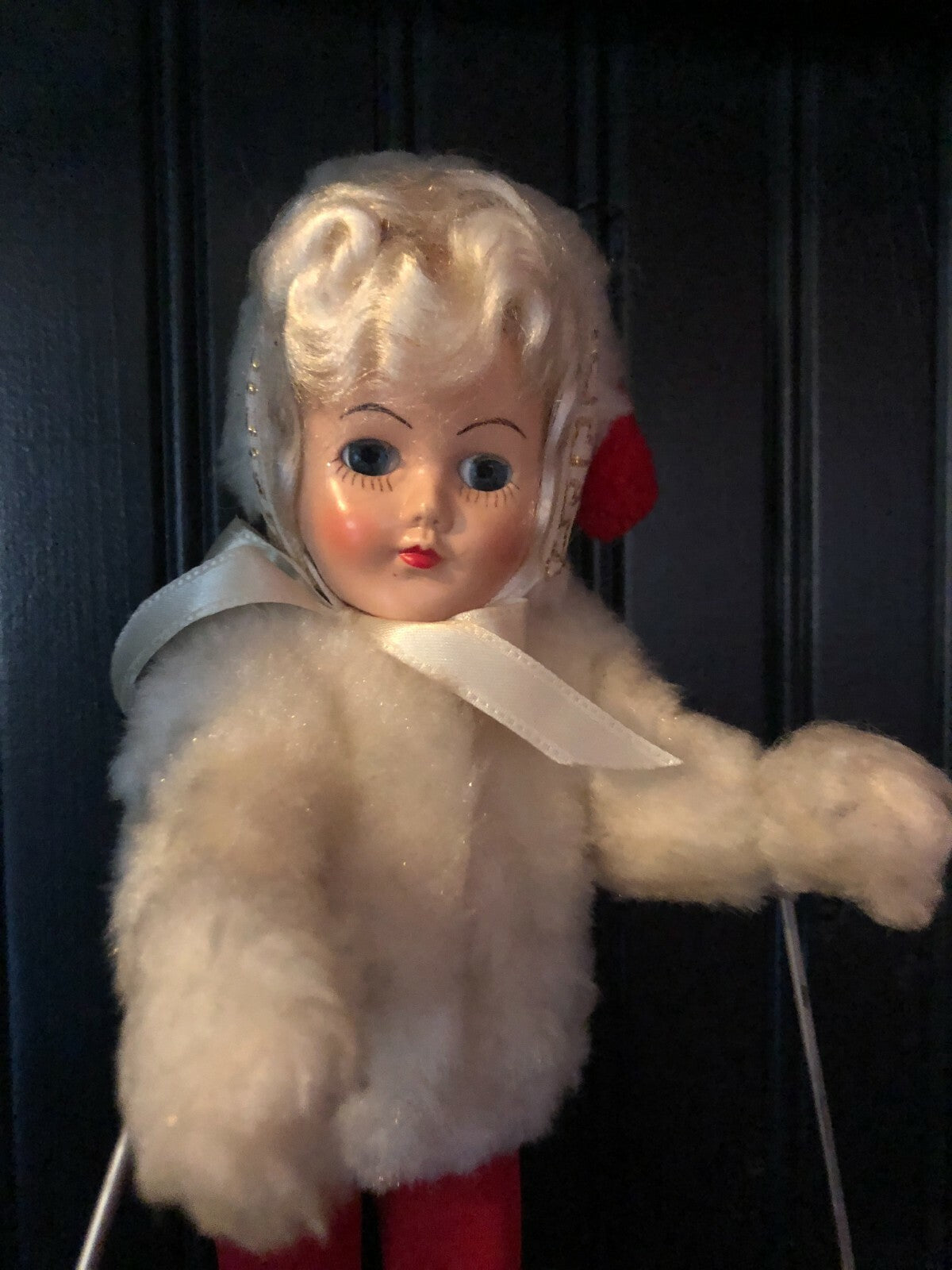  Porcelain Doll  White Fur Coat  12" Tall with Skis and polls
