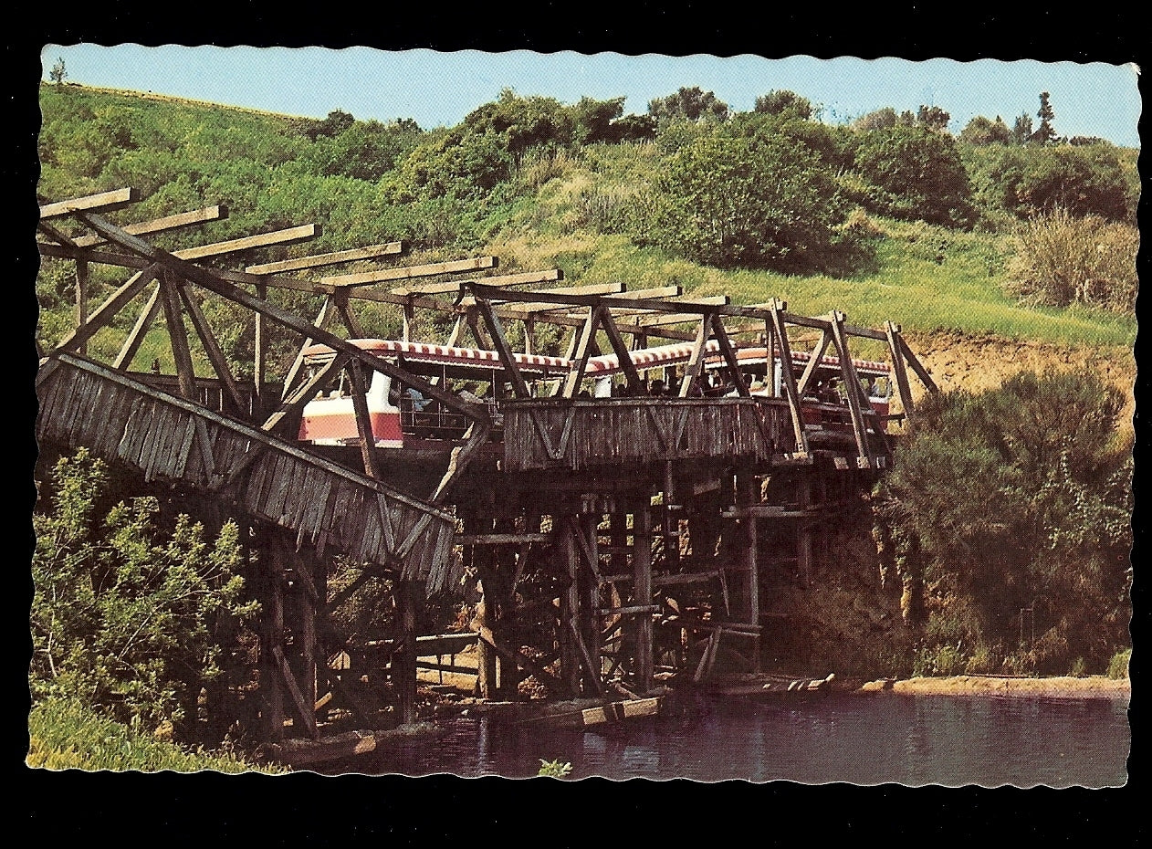 Glamortram Crosses Collapsing Bridge 1975 Amusement Park Postcard
