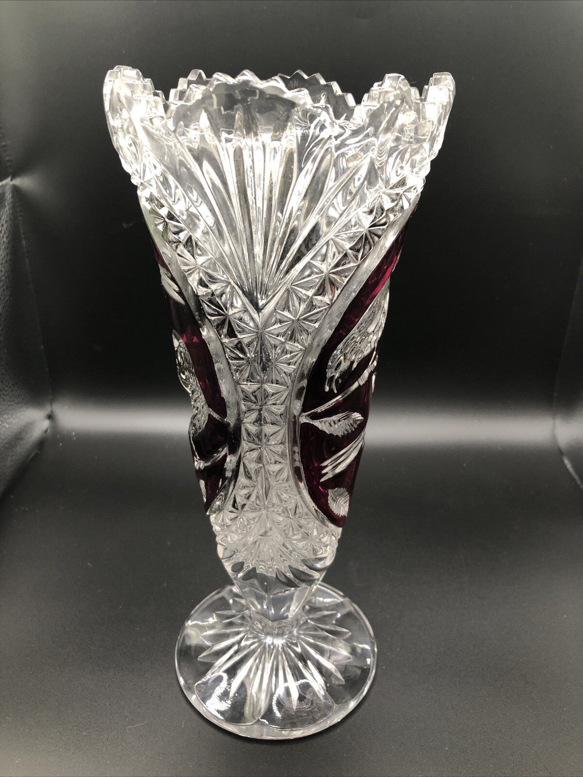 Vintage 1970'S Hofbauer Byrdes Lead Crystal Vase Cut to Clear Red Birds 10.5"