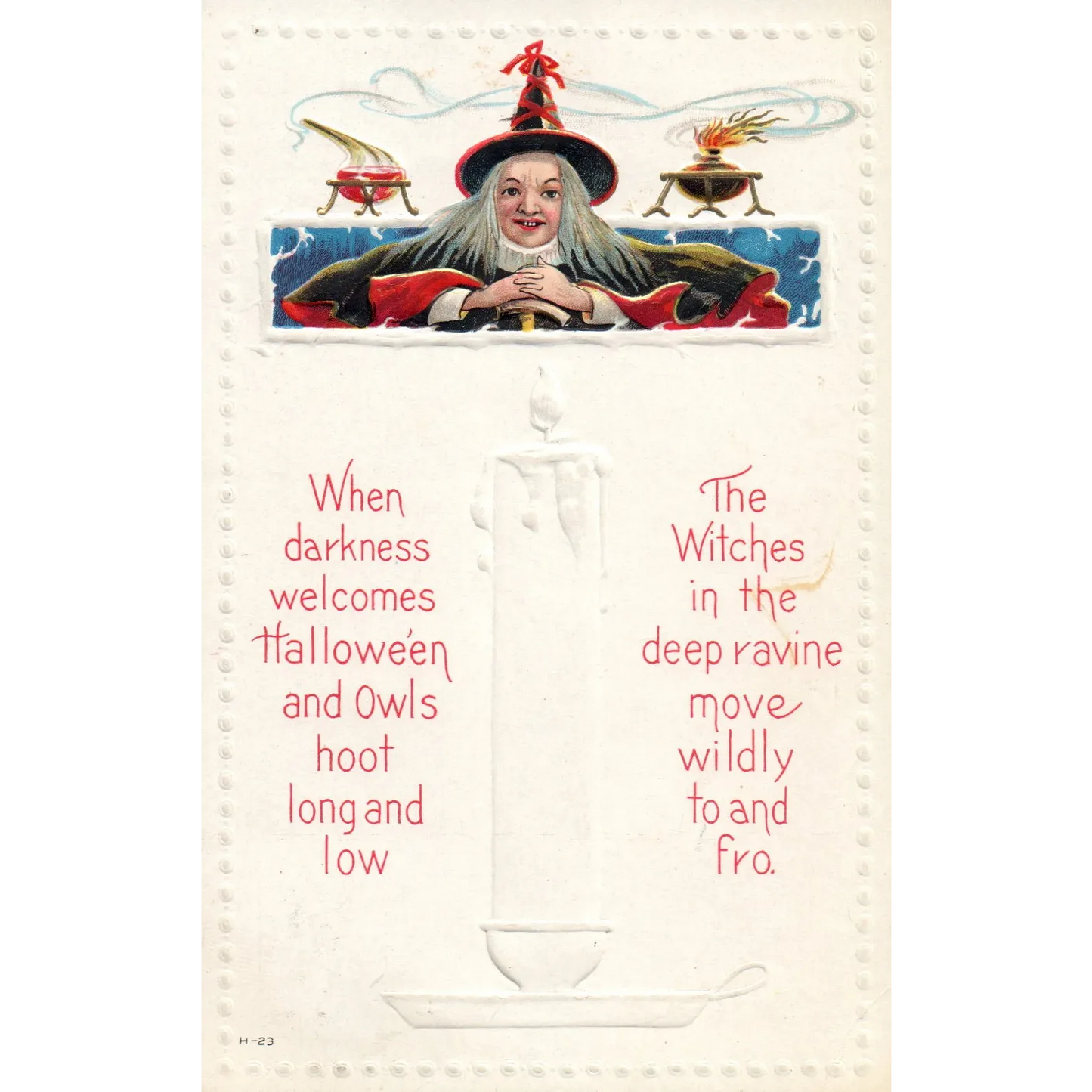 Embossed Candle Stick & Witch Poem Vintage Halloween Postcard