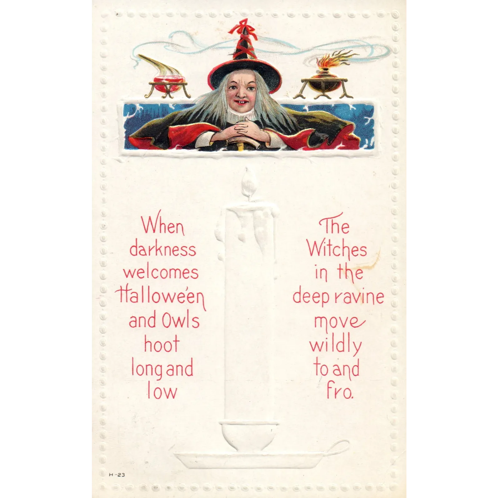 Embossed Candle Stick & Witch Poem Vintage Halloween Postcard