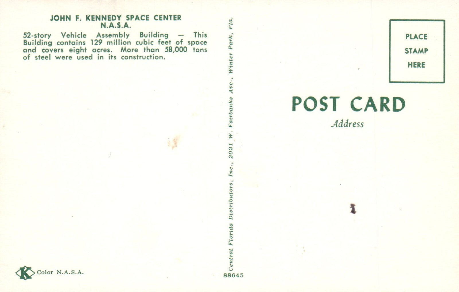 52 Story Vehicle Assembly Building JFK Space Center NASA Florida FL Postcard