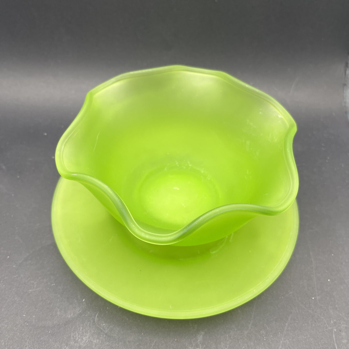 Vintage Green Satin Frosted Depression Glass 5" Bowl & 6" Saucer
