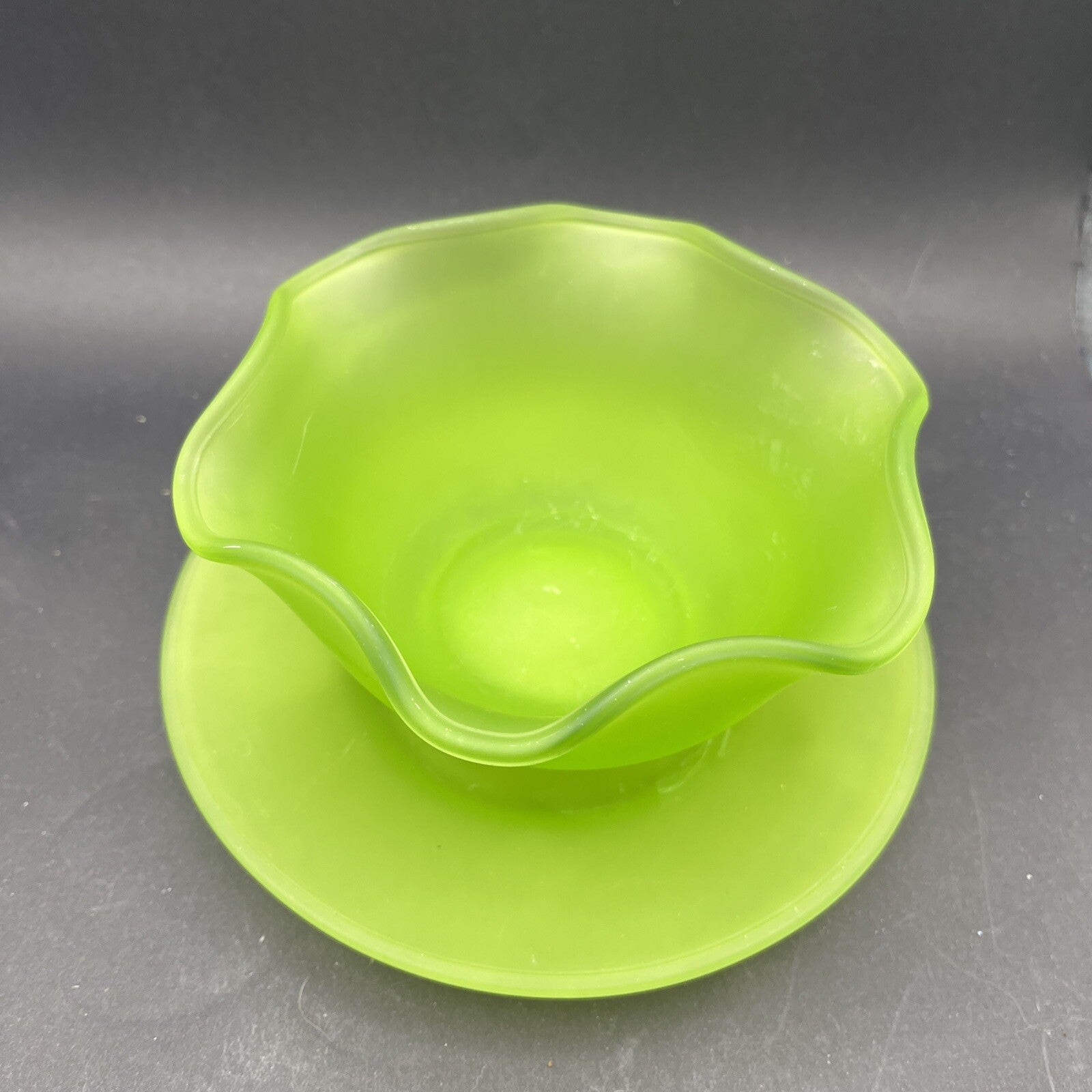 Vintage Green Satin Frosted Depression Glass 5" Bowl & 6" Saucer