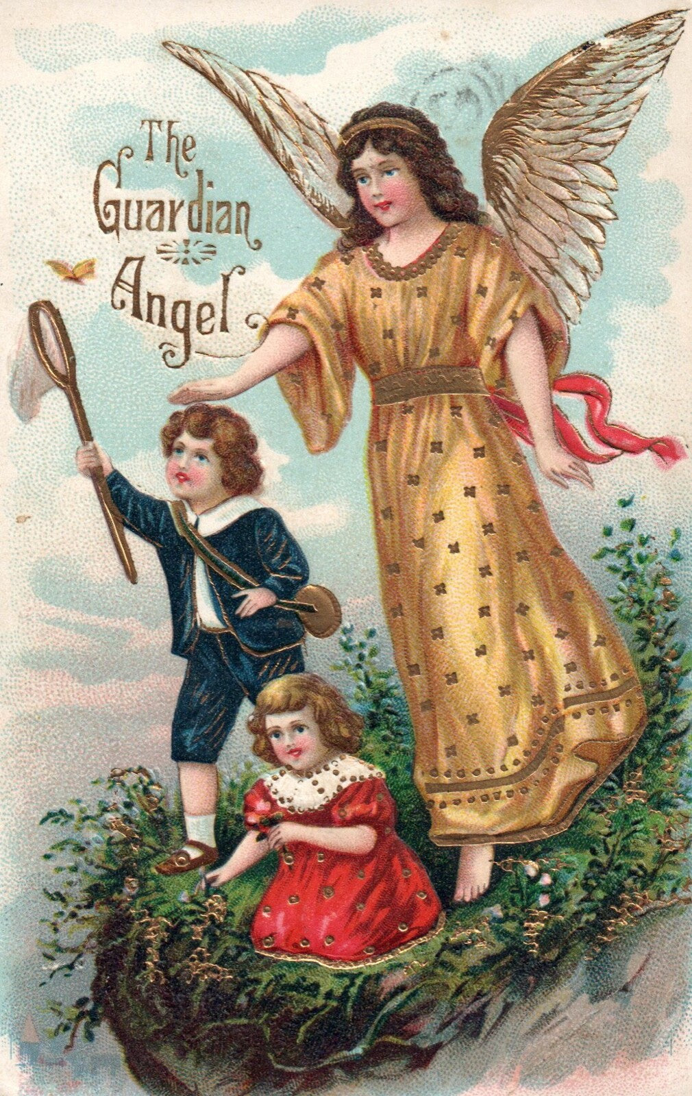 The Guardian Angel Little Boy Chasing Butterfly Angel Christmas Postcard
