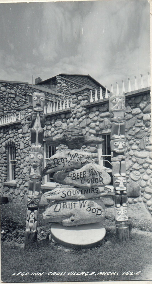 Real Photo Legs Inn Cross Village Michigan MI Postcard Statue and Totem Poles